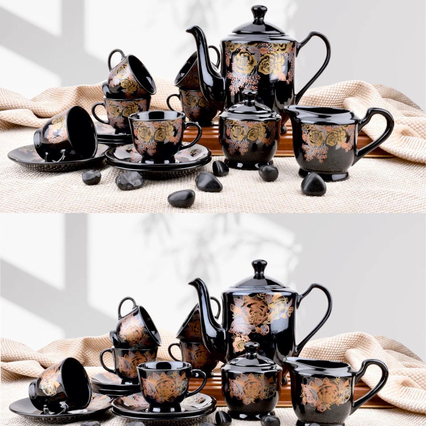 Pack of 15 Ceramic Tea & Coffee Cups & Saucers with Kettle Set - Image 2