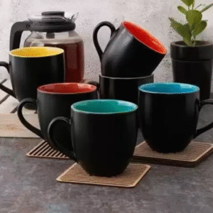 Black Matte Tea Cup Set with Multicolor Interior