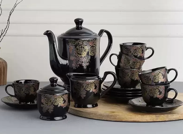 Pack of 15 Ceramic Tea & Coffee Cups & Saucers with Kettle Set