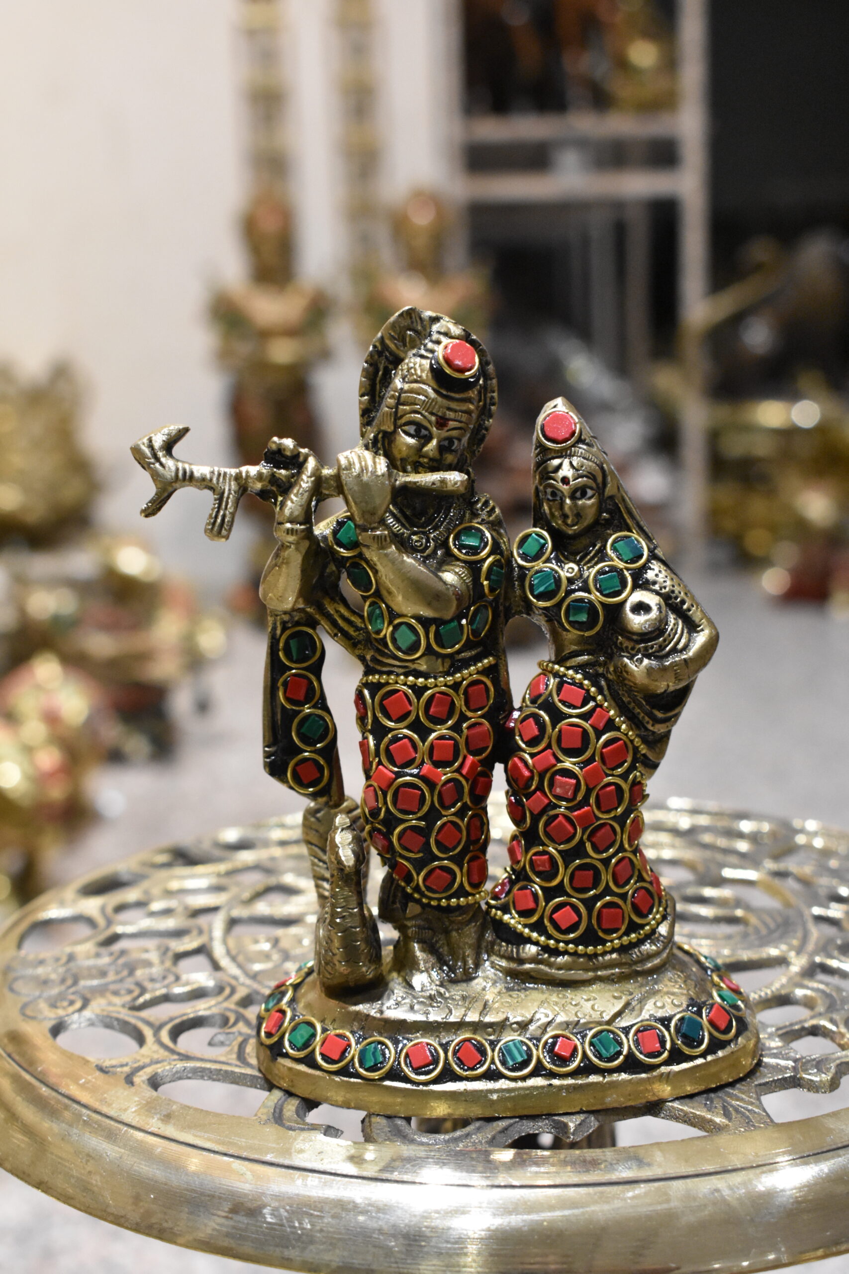 Brass Gemstone Work Radha Krishna Murti