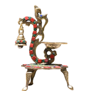 Gemstone Carved Peacock Design Diya with Bell